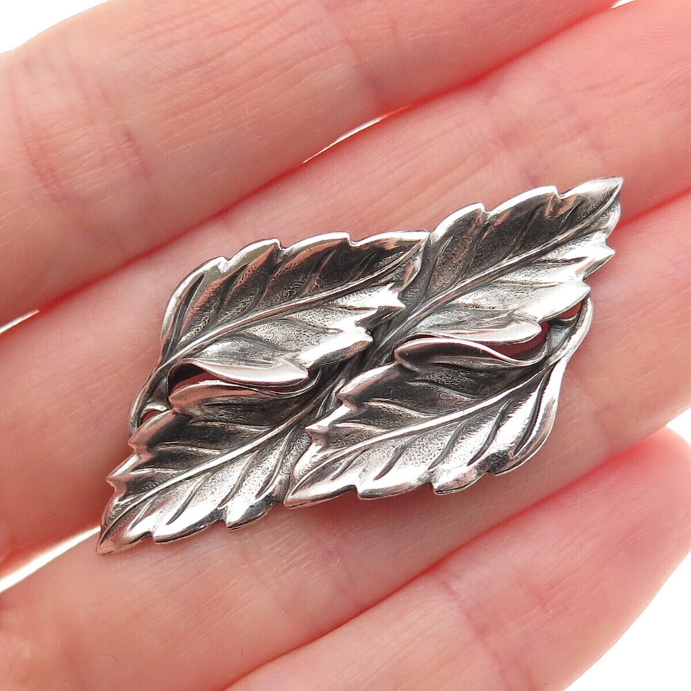 Beau 925 Sterling Silver Vintage Floral Leaf Oxidized Pin Brooch